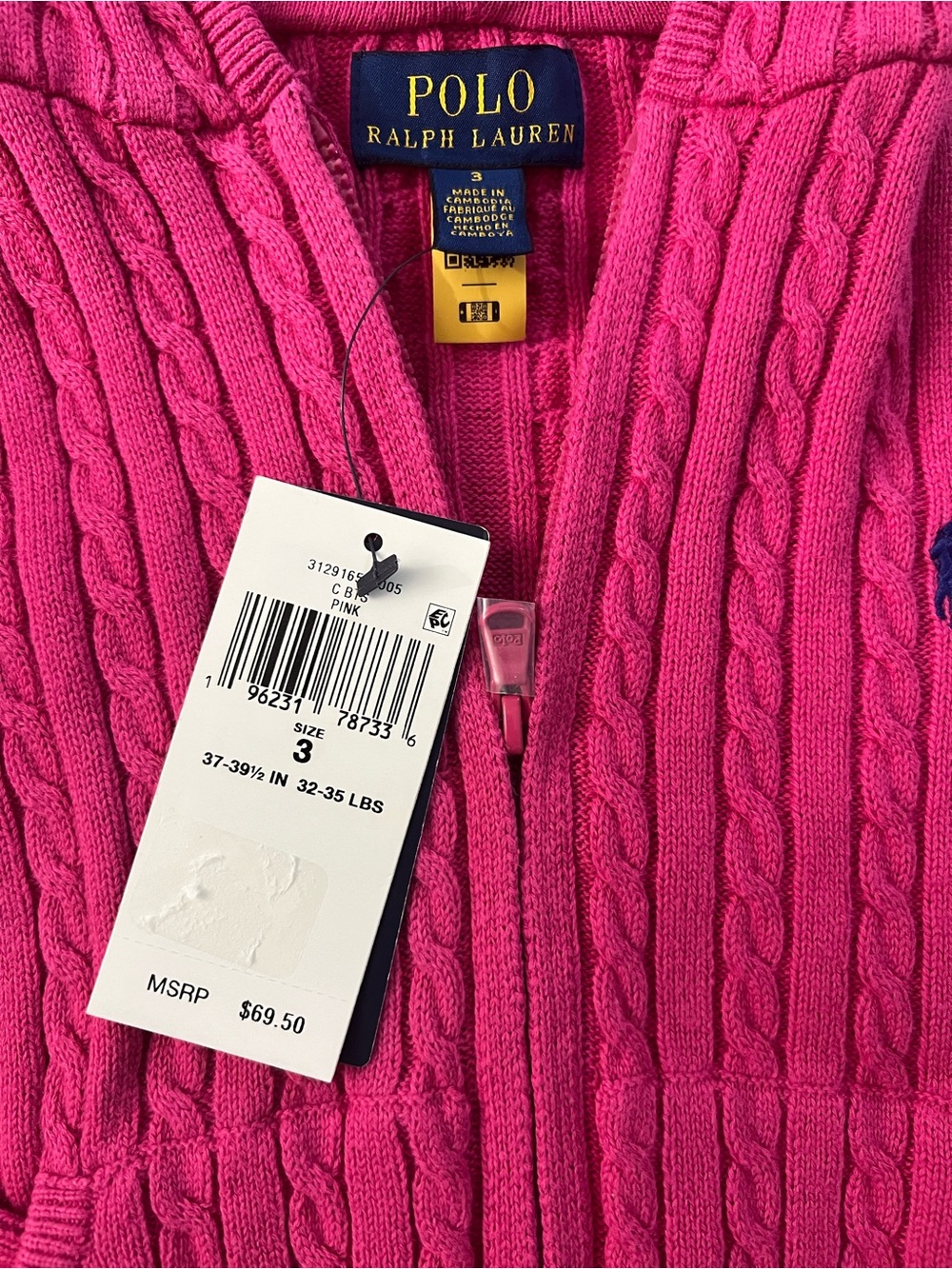 Polo Ralph Lauren Pink Cable-Knit Hooded Zip Sweater 3T - Picture 2 of 2